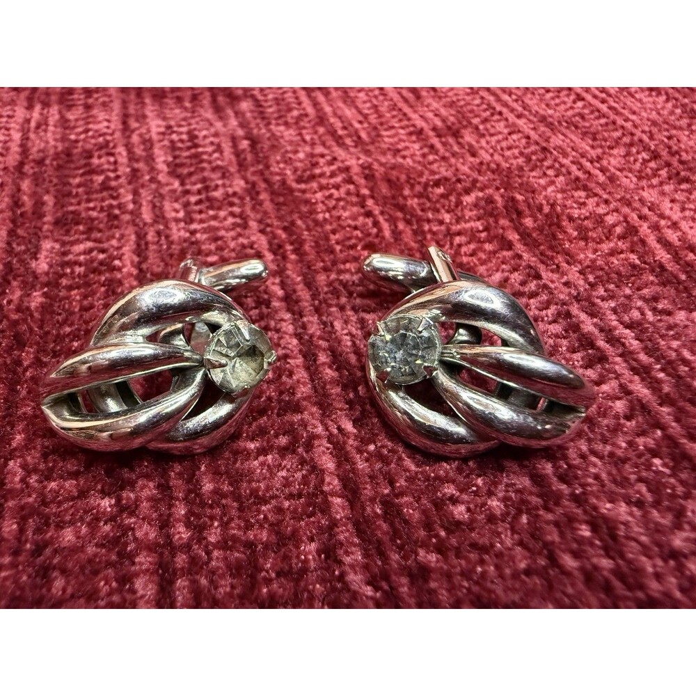 🔥Vintage Silver Tone Cufflinks Mens Rhinestone Wedding Formal Knott Ships Fast